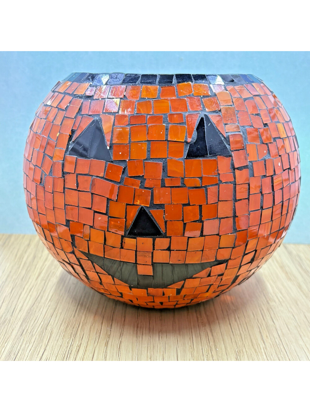 Stained Glass Pumpkin Jack O Lantern Mosaic Orange Candle Holder 8.5Wx8.5Wx7.5"H